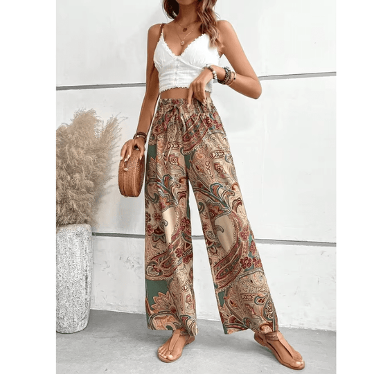 Boho Pantalon Dames van Katoen met Elastische Tailleband en Wijde Pijpen - ZovaFashion - Lange Broek Dames
