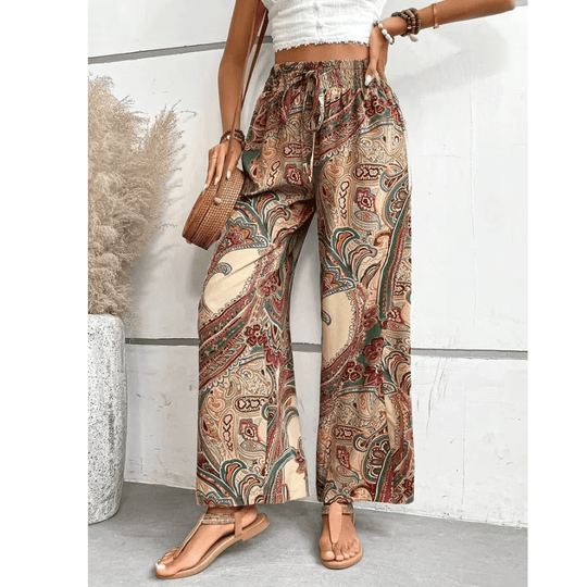Boho Pantalon Dames van Katoen met Elastische Tailleband en Wijde Pijpen - ZovaFashion - Lange Broek Dames