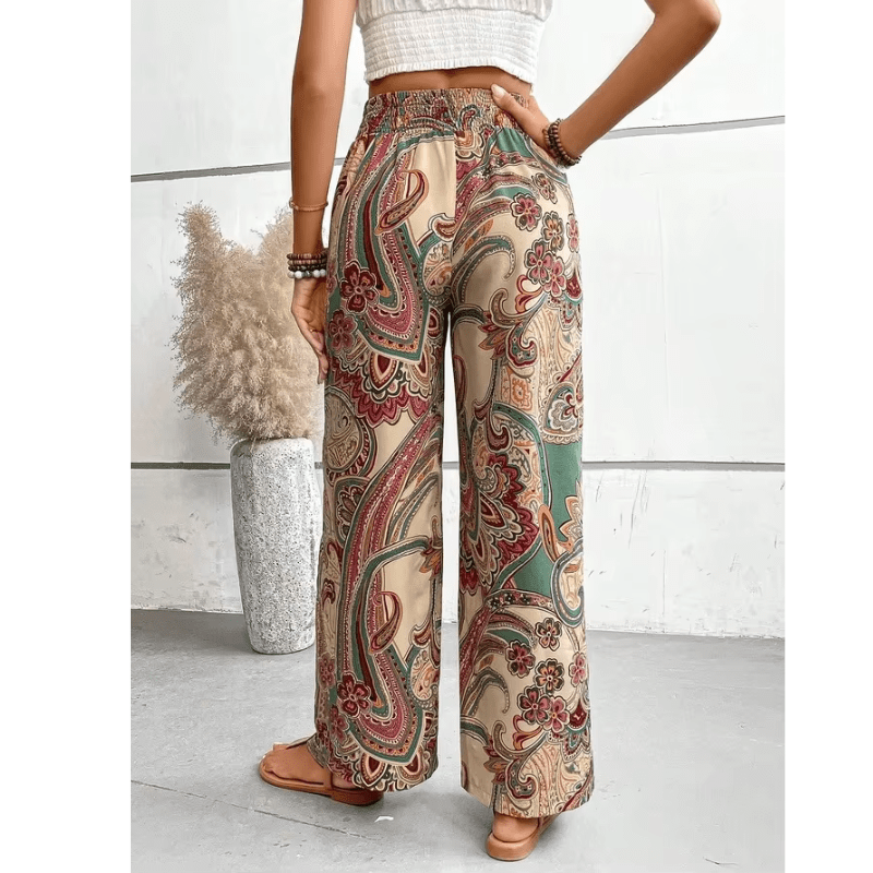 Boho Pantalon Dames van Katoen met Elastische Tailleband en Wijde Pijpen - ZovaFashion - Lange Broek Dames