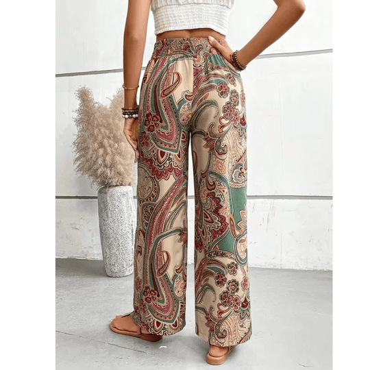 Boho Pantalon Dames van Katoen met Elastische Tailleband en Wijde Pijpen - ZovaFashion - Lange Broek Dames