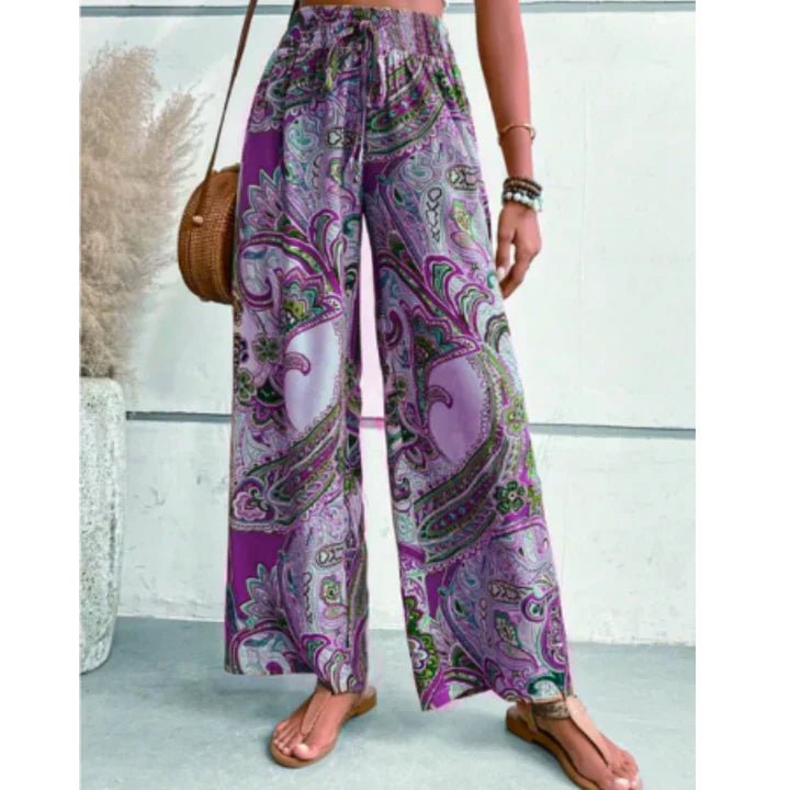 Boho Pantalon Dames van Katoen met Elastische Tailleband en Wijde Pijpen - ZovaFashion - Lange Broek Dames