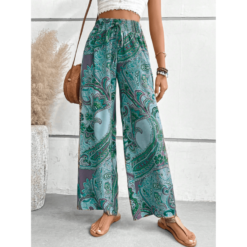 Boho Pantalon Dames van Katoen met Elastische Tailleband en Wijde Pijpen - ZovaFashion - Lange Broek Dames