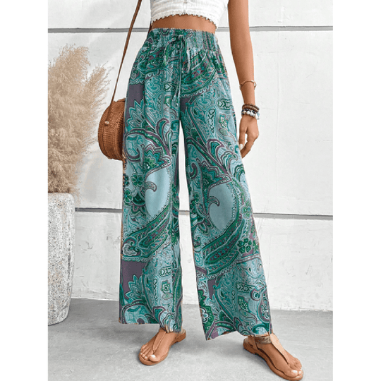 Boho Pantalon Dames van Katoen met Elastische Tailleband en Wijde Pijpen - ZovaFashion - Lange Broek Dames