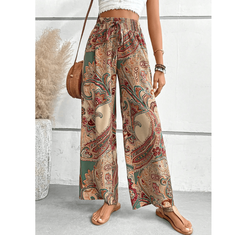 Boho Pantalon Dames van Katoen met Elastische Tailleband en Wijde Pijpen - ZovaFashion - Lange Broek Dames