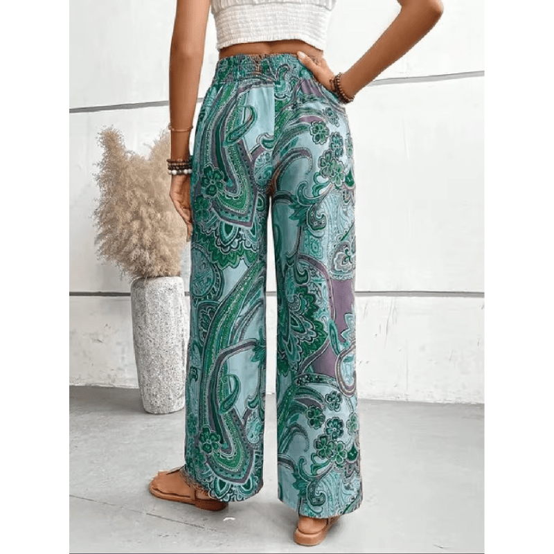 Boho Pantalon Dames van Katoen met Elastische Tailleband en Wijde Pijpen - ZovaFashion - Lange Broek Dames