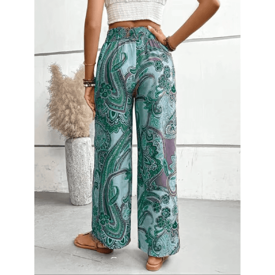 Boho Pantalon Dames van Katoen met Elastische Tailleband en Wijde Pijpen - ZovaFashion - Lange Broek Dames