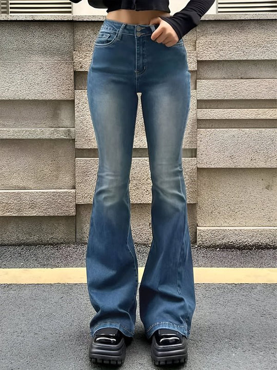 Camila Spijkerbroek Dames in Katoen met Hoge Taille en Flared Pijpen - ZovaFashion - Spijkerbroek Dames