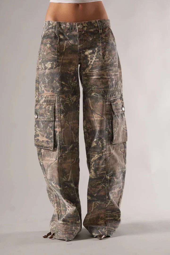 Camouflage Spijkerbroek Dames met Wide Leg en Elastische Tailleband - ZovaFashion - Spijkerbroek Dames
