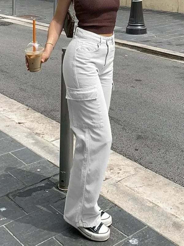 Cargo Spijkerbroek Dames van Katoen met Hoge Taille en Relaxed Fit - ZovaFashion - Spijkerbroek Dames