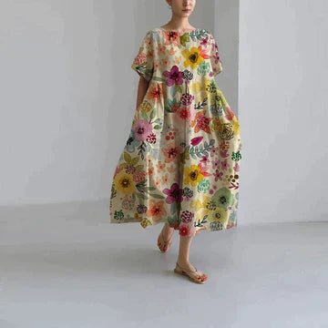 Charming and Comfortable Maxi Zomerjurk Dames van Katoen met V - Hals en Relaxed Fit - ZYRA Casual and Elegant Dress - ZovaFashion - Maxi Jurk