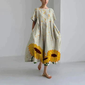 Charming and Comfortable Maxi Zomerjurk Dames van Katoen met V - Hals en Relaxed Fit - ZYRA Casual and Elegant Dress - ZovaFashion - Maxi Jurk