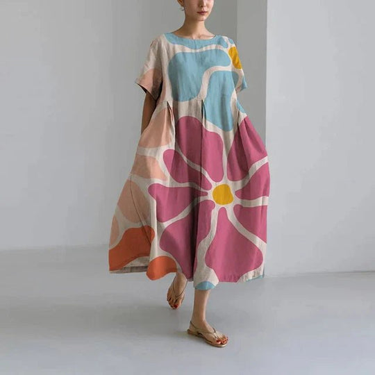 Charming and Comfortable Maxi Zomerjurk Dames van Katoen met V - Hals en Relaxed Fit - ZYRA Casual and Elegant Dress - ZovaFashion - Maxi Jurk