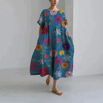 Charming and Comfortable Maxi Zomerjurk Dames van Katoen met V - Hals en Relaxed Fit - ZYRA Casual and Elegant Dress - ZovaFashion - Maxi Jurk