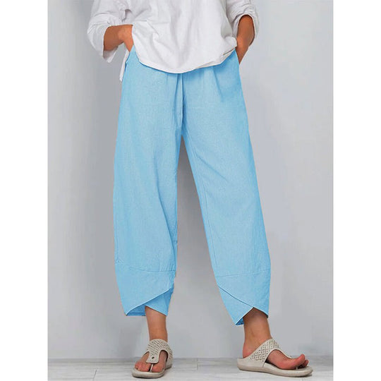 Chic Katoenen Pantalon Dames met Relaxed Fit en Elastische Tailleband - ZovaFashion - Lange Broek Dames