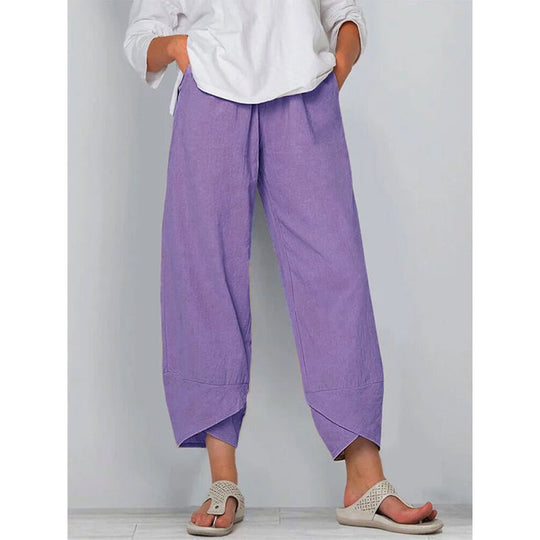 Chic Katoenen Pantalon Dames met Relaxed Fit en Elastische Tailleband - ZovaFashion - Lange Broek Dames