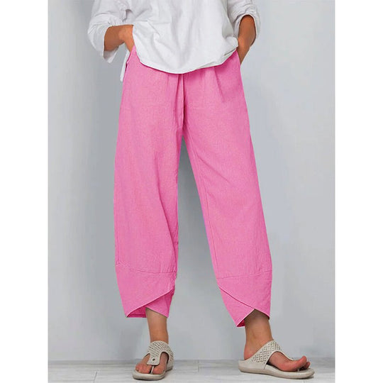 Chic Katoenen Pantalon Dames met Relaxed Fit en Elastische Tailleband - ZovaFashion - Lange Broek Dames