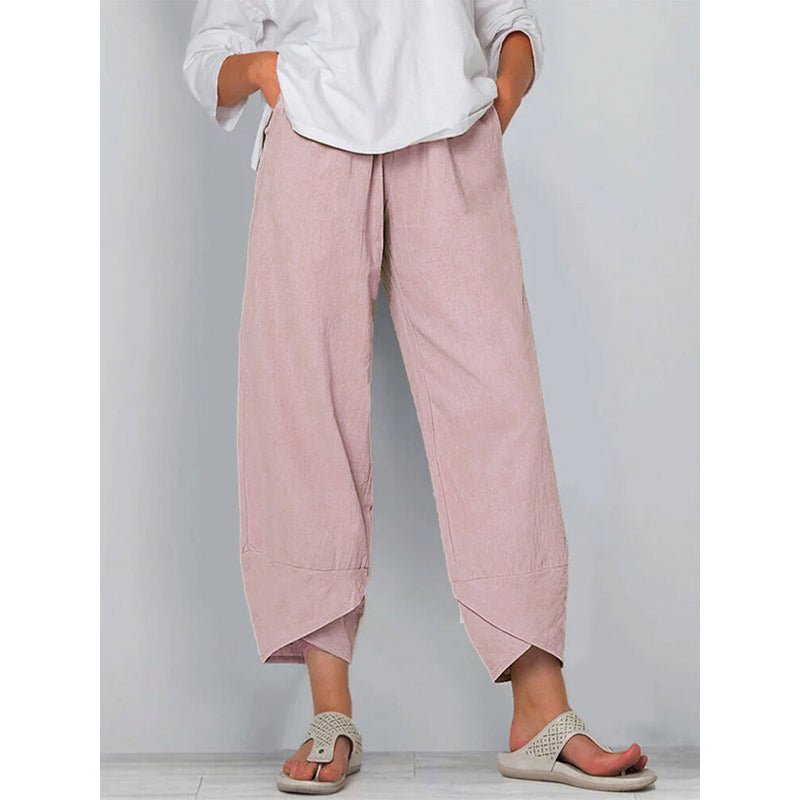 Chic Katoenen Pantalon Dames met Relaxed Fit en Elastische Tailleband - ZovaFashion - Lange Broek Dames