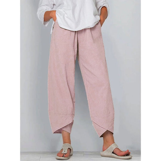 Chic Katoenen Pantalon Dames met Relaxed Fit en Elastische Tailleband - ZovaFashion - Lange Broek Dames