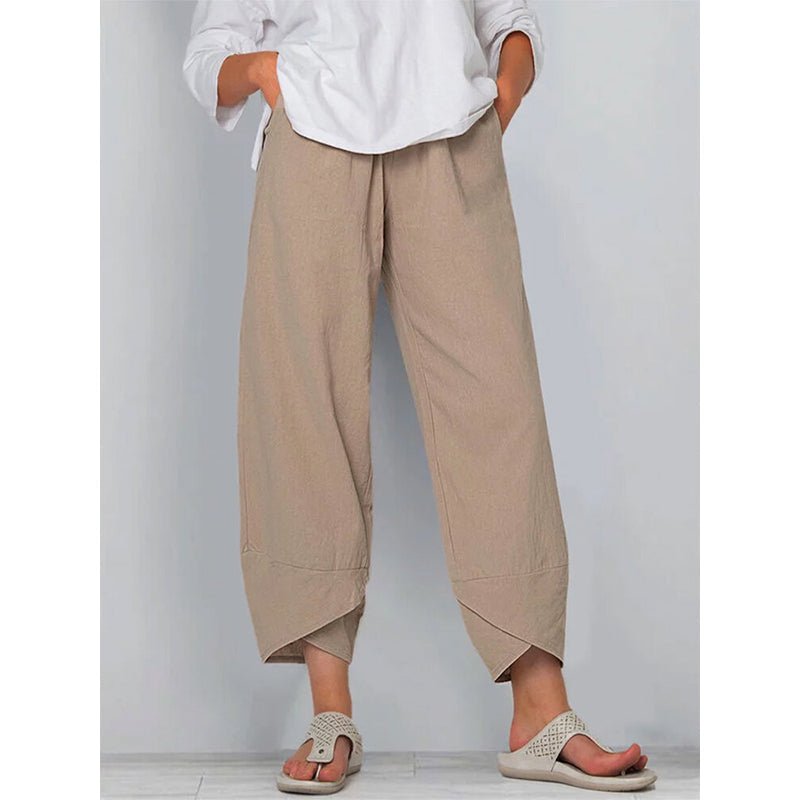 Chic Katoenen Pantalon Dames met Relaxed Fit en Elastische Tailleband - ZovaFashion - Lange Broek Dames