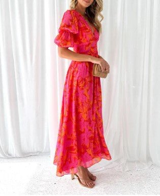 Chiffon Maxi Zomerjurk met V - Hals en Pofmouwen - Bloemenprint voor een Elegante Look - ZovaFashion - Maxi Jurk