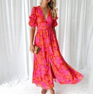 Chiffon Maxi Zomerjurk met V - Hals en Pofmouwen - Bloemenprint voor een Elegante Look - ZovaFashion - Maxi Jurk