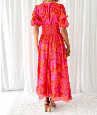 Chiffon Maxi Zomerjurk met V - Hals en Pofmouwen - Bloemenprint voor een Elegante Look - ZovaFashion - Maxi Jurk