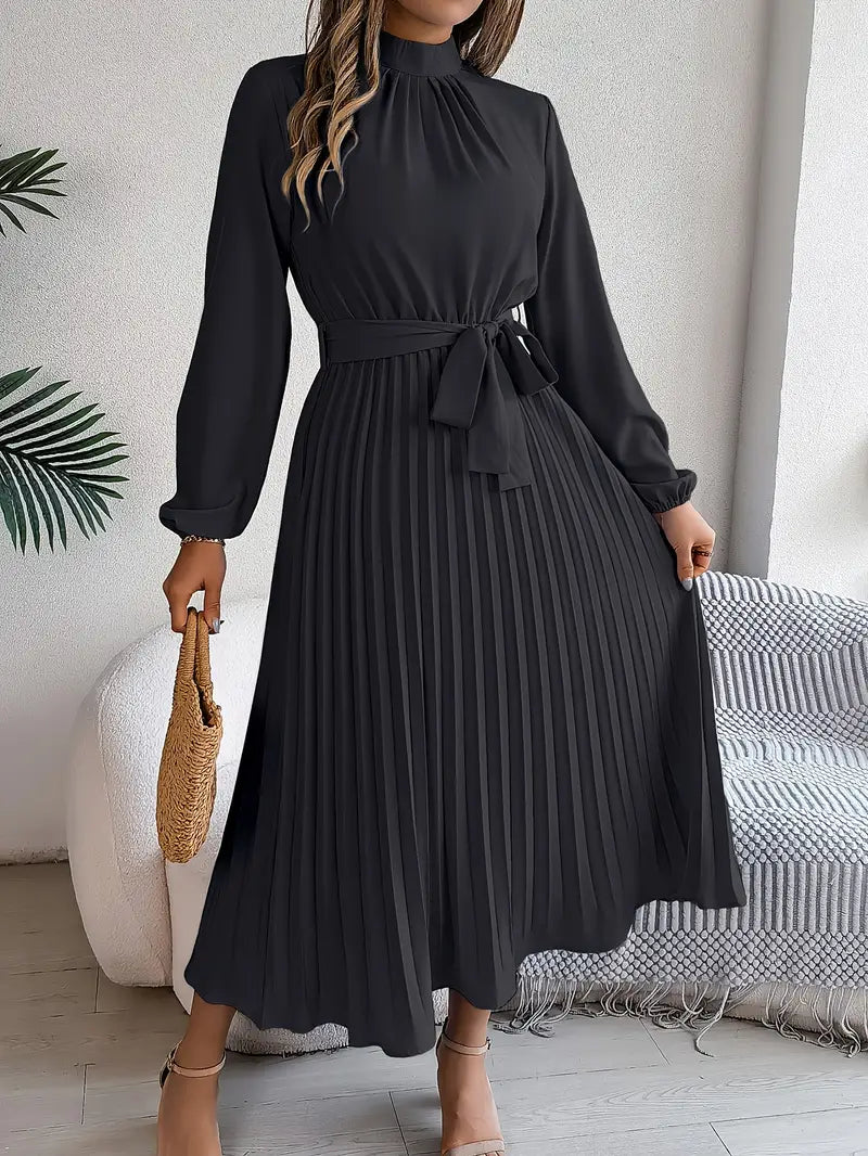 Chiffon Midi Zomerjurk Dames met Hoge Hals en Geplooide Rok - Elegante Pasvorm - ZovaFashion - Midi Jurken