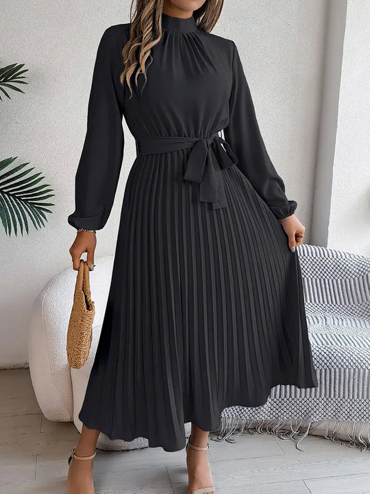 Chiffon Midi Zomerjurk Dames met Hoge Hals en Geplooide Rok - Elegante Pasvorm - ZovaFashion - Midi Jurken