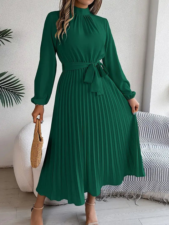 Chiffon Midi Zomerjurk Dames met Hoge Hals en Geplooide Rok - Elegante Pasvorm - ZovaFashion - Midi Jurken