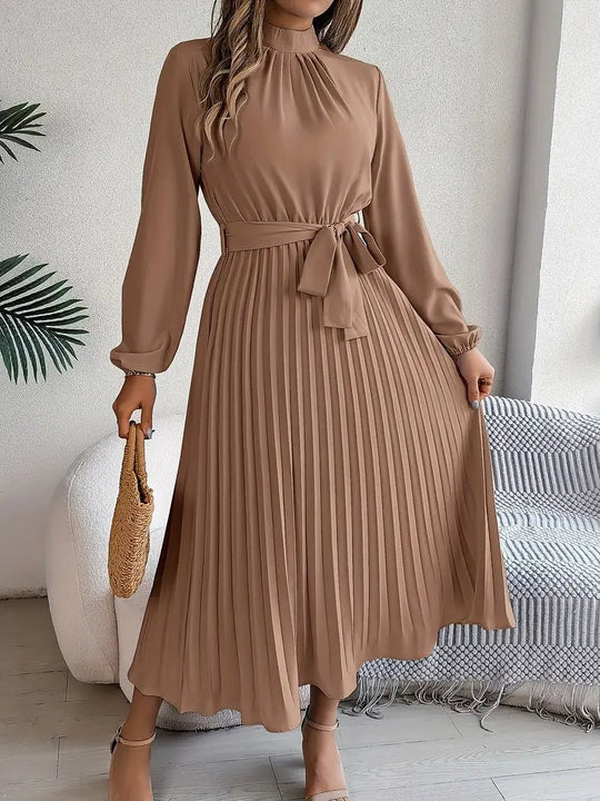 Chiffon Midi Zomerjurk Dames met Hoge Hals en Geplooide Rok - Elegante Pasvorm - ZovaFashion - Midi Jurken