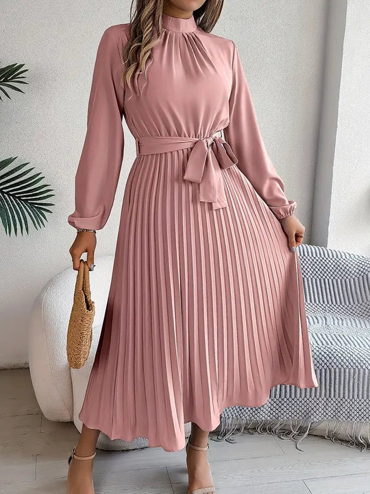 Chiffon Midi Zomerjurk Dames met Hoge Hals en Geplooide Rok - Elegante Pasvorm - ZovaFashion - Midi Jurken