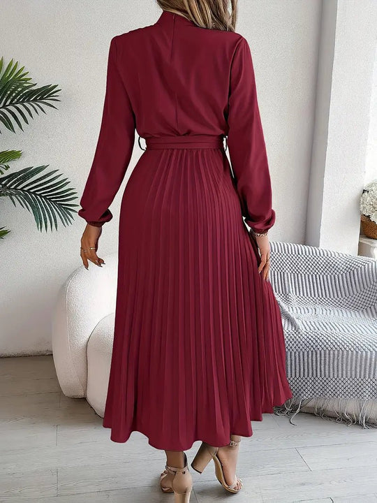 Chiffon Midi Zomerjurk Dames met Hoge Hals en Geplooide Rok - Elegante Pasvorm - ZovaFashion - Midi Jurken