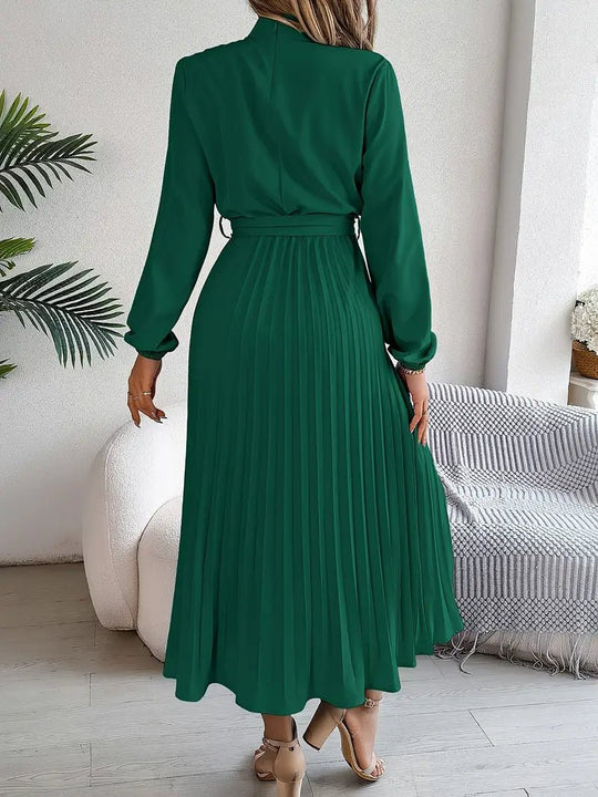 Chiffon Midi Zomerjurk Dames met Hoge Hals en Geplooide Rok - Elegante Pasvorm - ZovaFashion - Midi Jurken