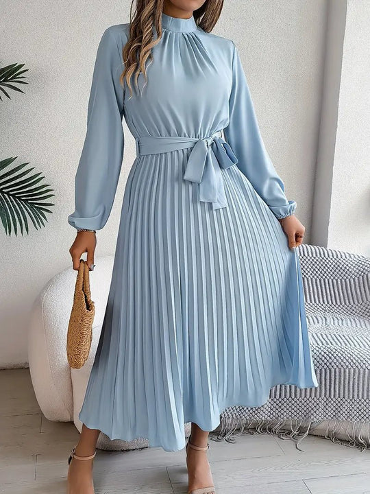 Chiffon Midi Zomerjurk Dames met Hoge Hals en Geplooide Rok - Elegante Pasvorm - ZovaFashion - Midi Jurken