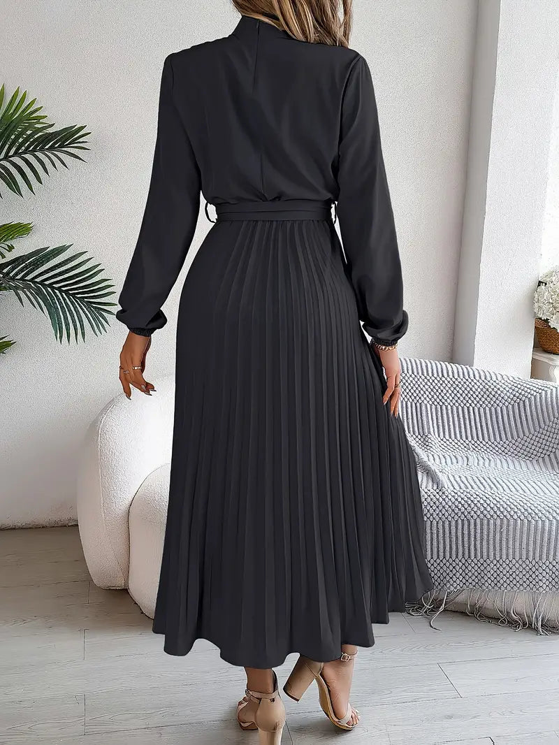 Chiffon Midi Zomerjurk Dames met Hoge Hals en Geplooide Rok - Elegante Pasvorm - ZovaFashion - Midi Jurken