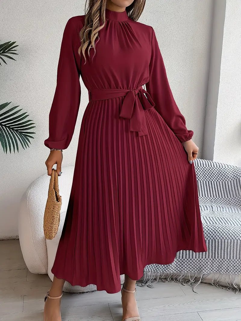 Chiffon Midi Zomerjurk Dames met Hoge Hals en Geplooide Rok - Elegante Pasvorm - ZovaFashion - Midi Jurken