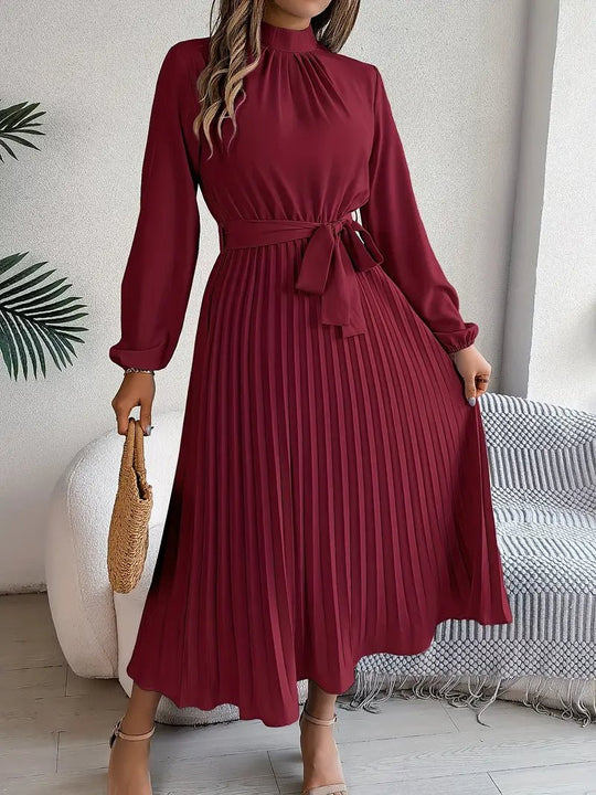 Chiffon Midi Zomerjurk Dames met Hoge Hals en Geplooide Rok - Elegante Pasvorm - ZovaFashion - Midi Jurken