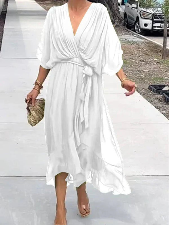 Chiffon Midi Zomerjurk Dames met V - Hals en Asymmetrische Rok - ZovaFashion - Midi Jurken