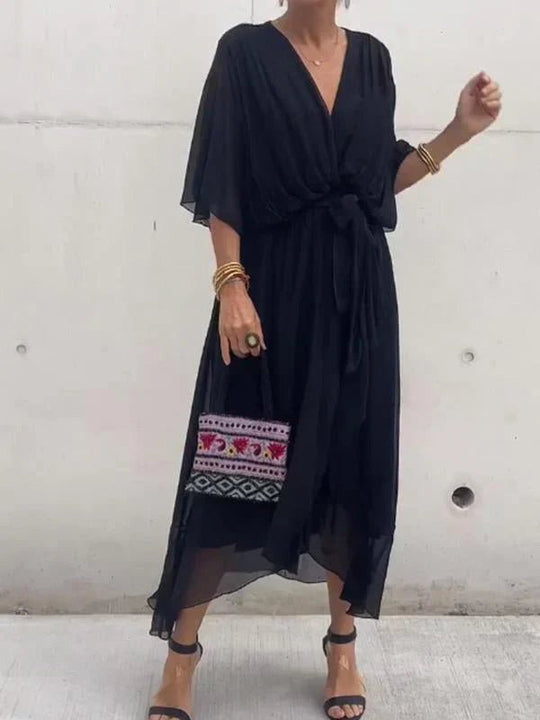Chiffon Midi Zomerjurk Dames met V - Hals en Asymmetrische Rok - ZovaFashion - Midi Jurken