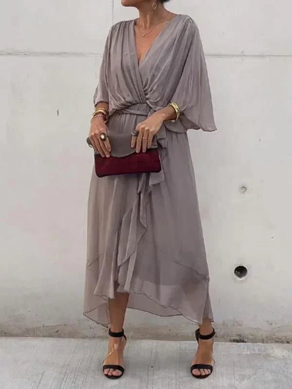 Chiffon Midi Zomerjurk Dames met V - Hals en Asymmetrische Rok - ZovaFashion - Midi Jurken