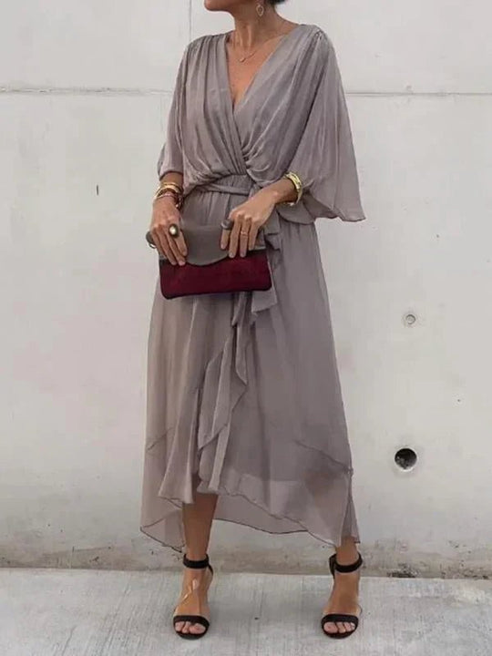 Chiffon Midi Zomerjurk Dames met V - Hals en Asymmetrische Rok - ZovaFashion - Midi Jurken