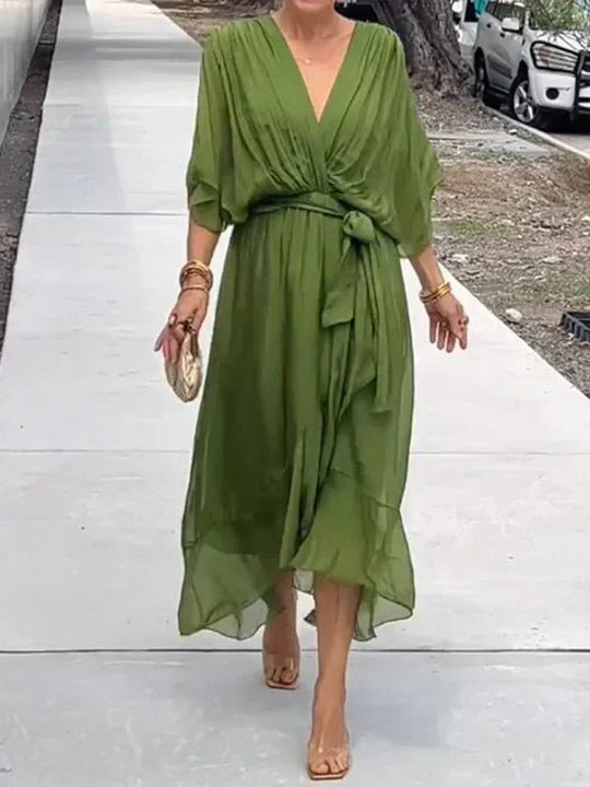 Chiffon Midi Zomerjurk Dames met V - Hals en Asymmetrische Rok - ZovaFashion - Midi Jurken