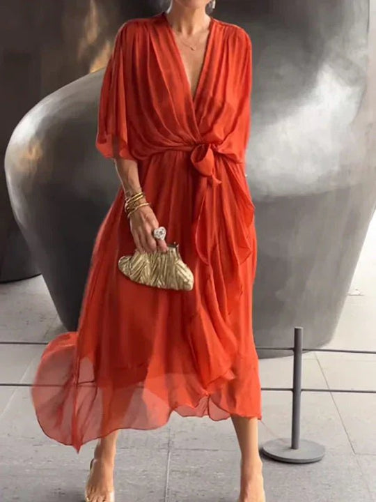 Chiffon Midi Zomerjurk Dames met V - Hals en Asymmetrische Rok - ZovaFashion - Midi Jurken