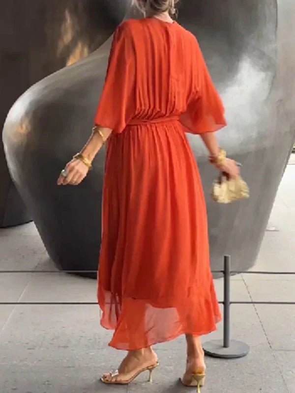 Chiffon Midi Zomerjurk Dames met V - Hals en Asymmetrische Rok - ZovaFashion - Midi Jurken