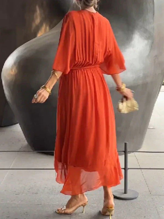 Chiffon Midi Zomerjurk Dames met V - Hals en Asymmetrische Rok - ZovaFashion - Midi Jurken