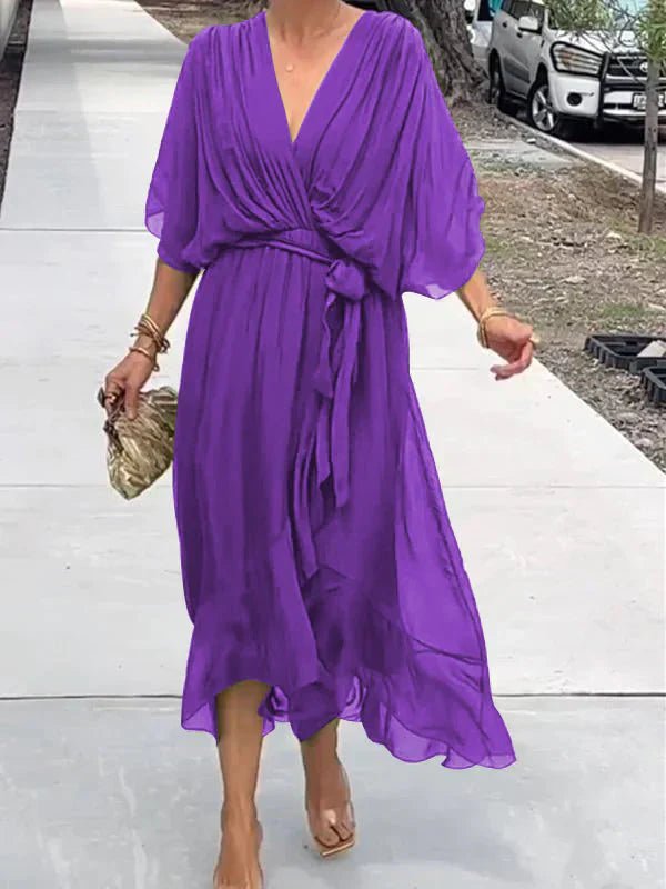 Chiffon Midi Zomerjurk Dames met V - Hals en Asymmetrische Rok - ZovaFashion - Midi Jurken