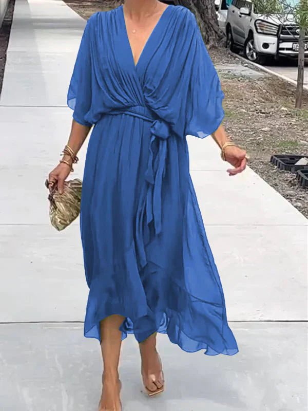 Chiffon Midi Zomerjurk Dames met V - Hals en Asymmetrische Rok - ZovaFashion - Midi Jurken