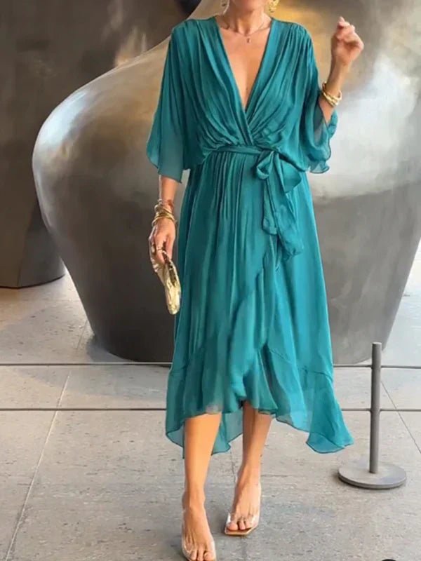Chiffon Midi Zomerjurk Dames met V - Hals en Asymmetrische Rok - ZovaFashion - Midi Jurken