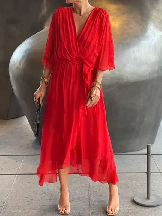 Chiffon Midi Zomerjurk Dames met V - Hals en Asymmetrische Rok - ZovaFashion - Midi Jurken