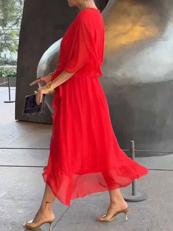 Chiffon Midi Zomerjurk Dames met V - Hals en Asymmetrische Rok - ZovaFashion - Midi Jurken